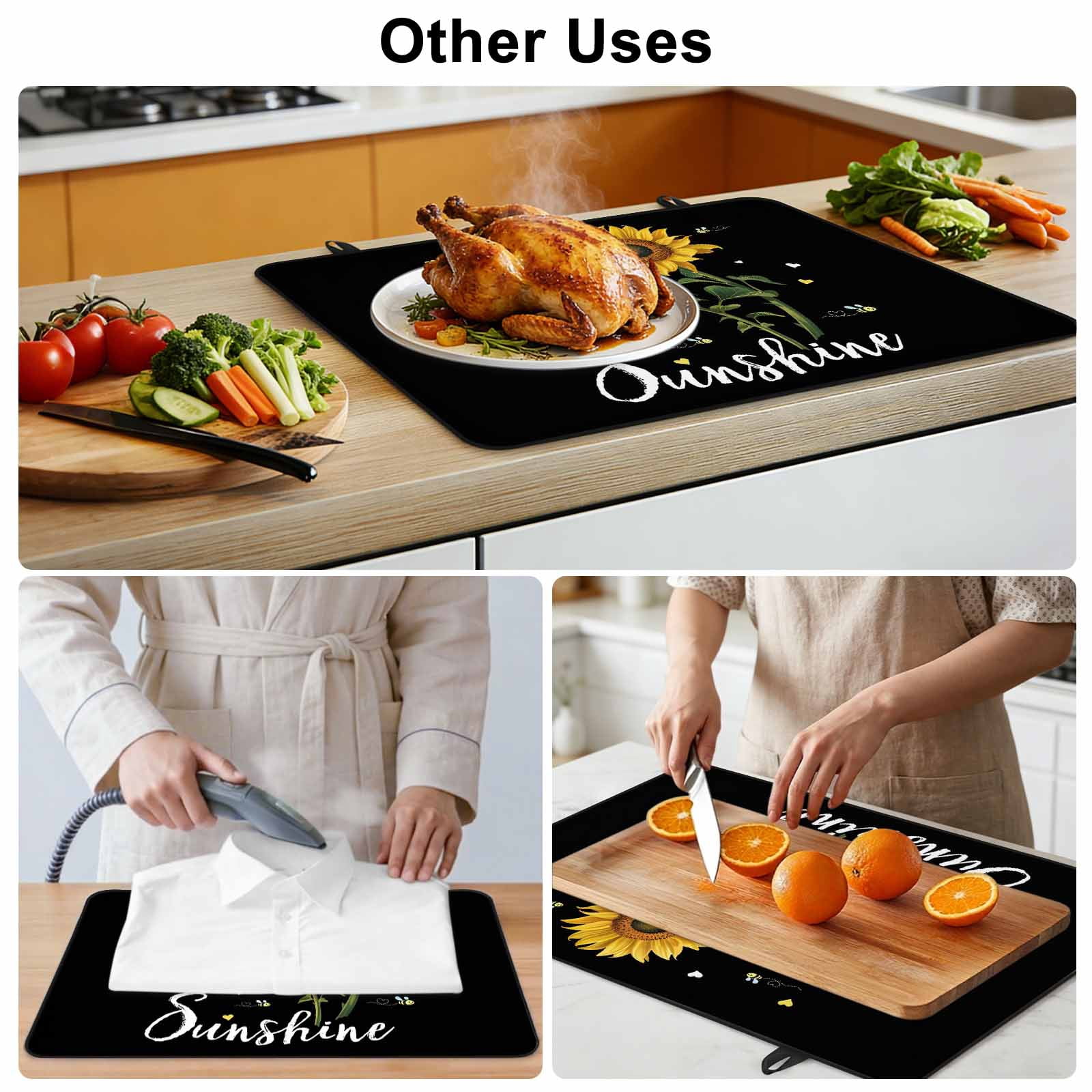 Yellow Sunflower Stove Top Cover for Electric Stove, Heat-proof & Non Slip Glass Top Stove Cover Protector, Summer Flower Bee Sunshine Black Kitchen Flat Cooktop Rubber Mat 31x24 Inches