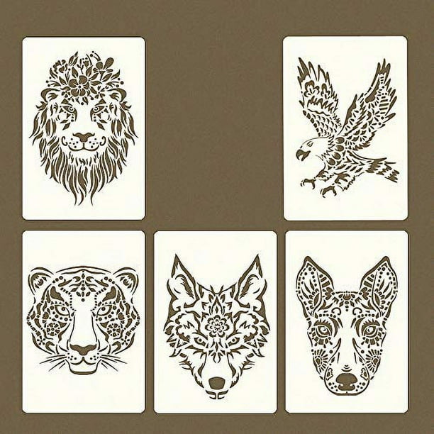 Plantillas De Animales De León, Ciervo, Tigre, Lobo, Ballena, Caballo, Para Pintar En Paredes De Tela De Madera, Aerógrafo + Más Plantilla De Mylar Reutilizable De 8.2 Pulgadas "11.4" (Paquete De 5) (