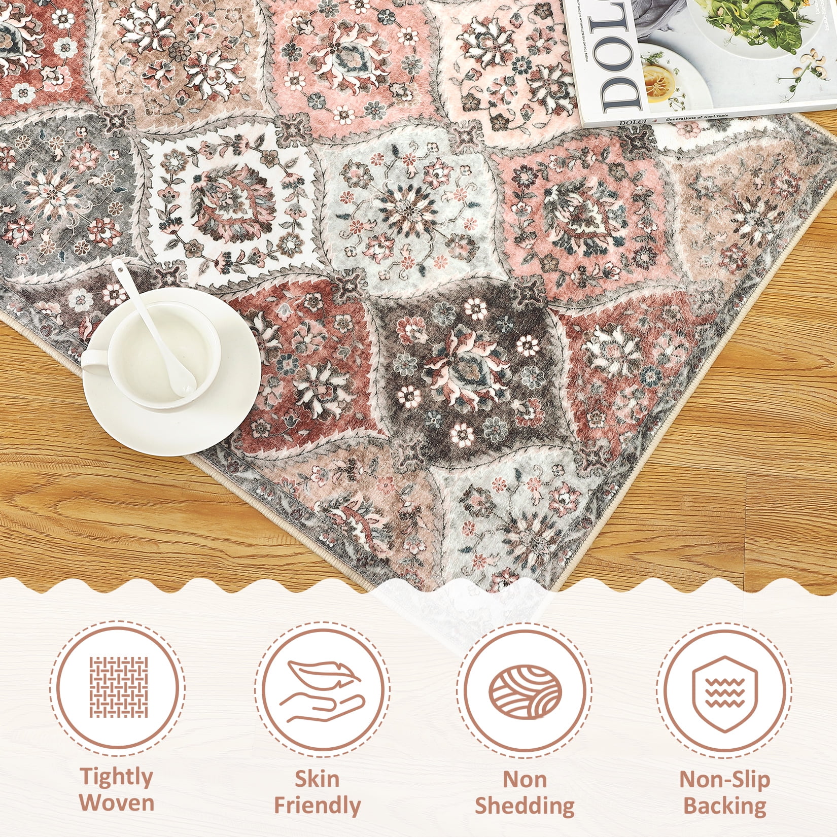 Luku 9ft*12ft Runner Rug Washable Moroccan Trellis Hallway Runner, Non-Slip Stain Resistant Area Rug Vintage Distressed Floral Kitchen Mat Floor Cover Carpet for Doorway Bedside