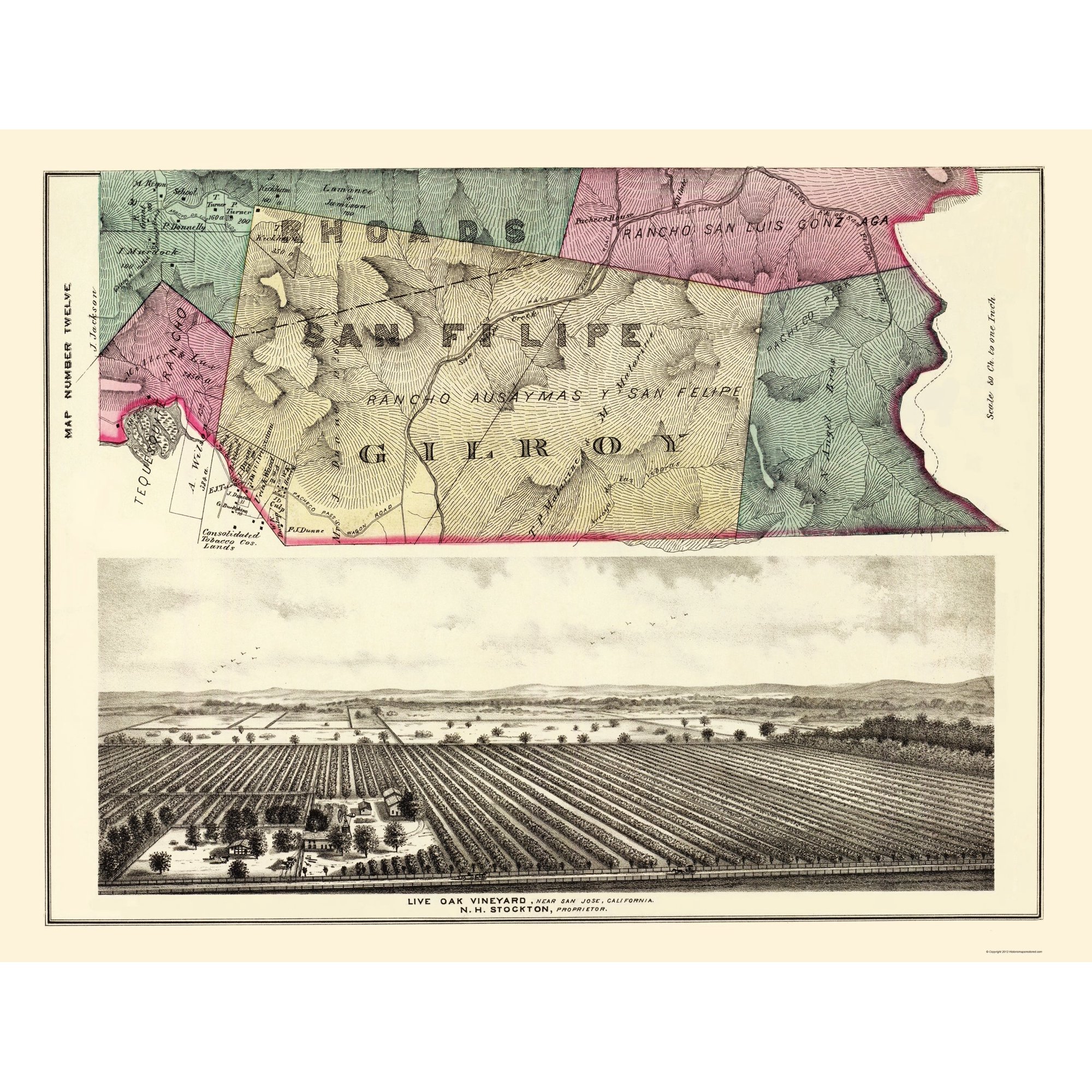 Historic County Map- Rhoads San Felipe Gilroy California - Thompson 1876 - Vintage Wall Art