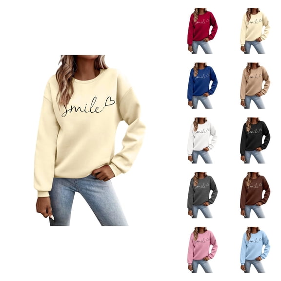 Sweatshirt for Women Fall Winter Long Sleeve Casual Crewneck Smile Letter Graphic Sweatshirts Pullover Tops