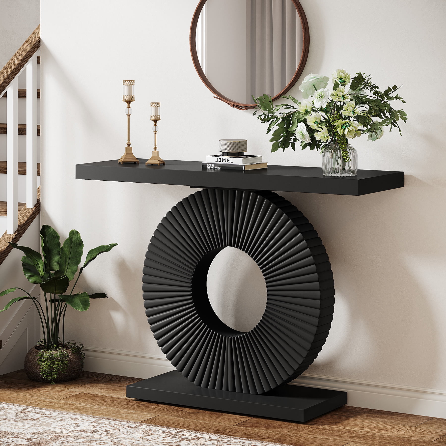Fnova Console Table, 40" Wood Modern Art Narrow Long Side Table, Entryway Table with Round Base, Sofa Table, Accent Table for Living Room, Entryway, Hallway, Black