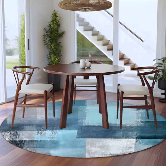 Blue Abstract 5ft Round Rug for Dining Table for 4 People Under Table Placement, Modern Washable Non Slip Circle Area Rug