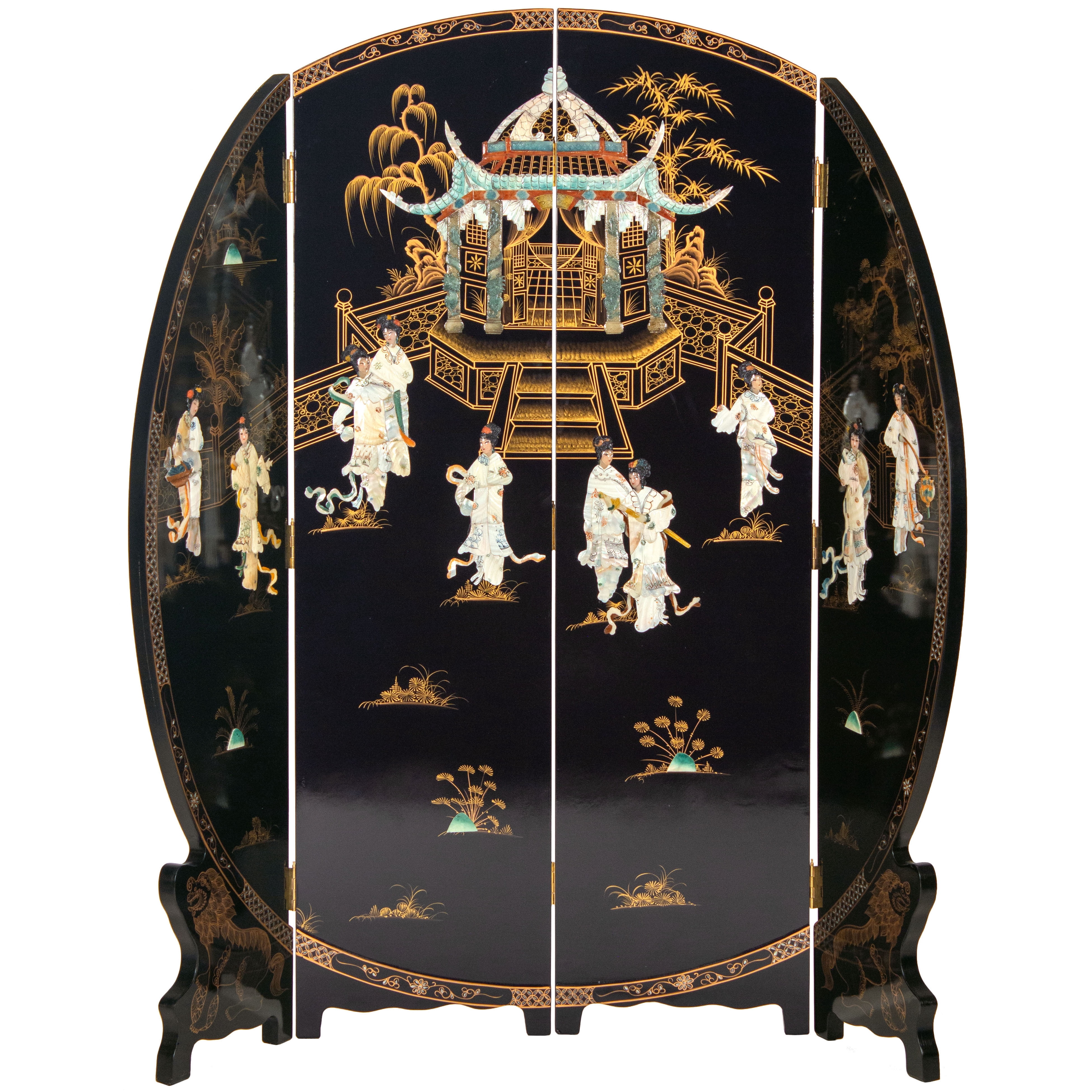 Oriental Furniture 6 ft. Tall Black Lacquer Round Room Divider - Royal Ladies