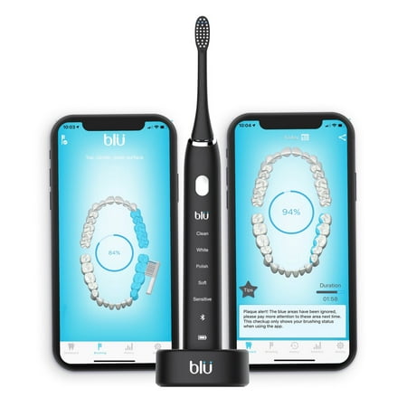Blu Smart Toothbrush with App, Unique Cordless Electric Toothbrushes Adults, Men or Women 40,000 Brush strokes per minute, Timer, Waterproof and Smart Tracking for IOS, (Best Teeth Brushing App)