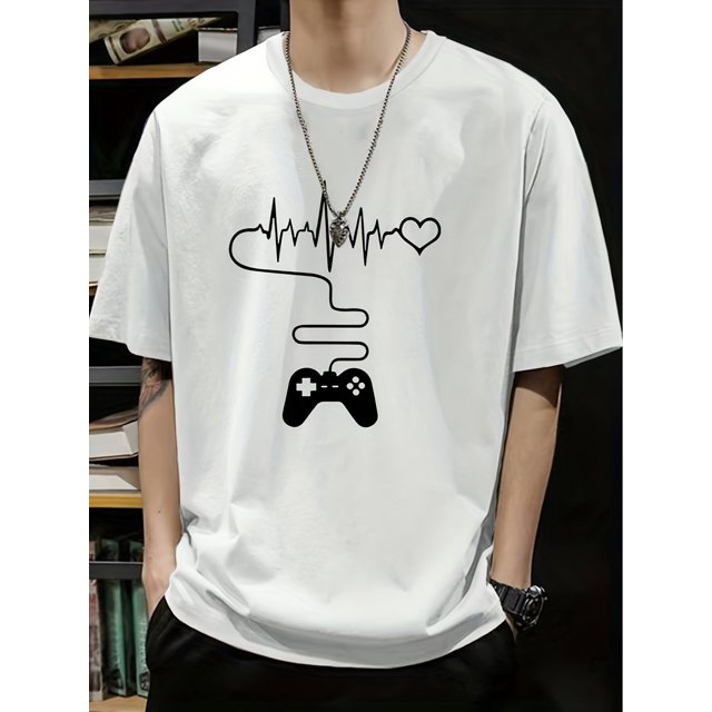 Men's Game Controller And Heartbeat Print T-shirt, Crew Neck And Short Sleeve Tee, Casual And Stylish Leisure Tops For Summer Street And Daily Wear