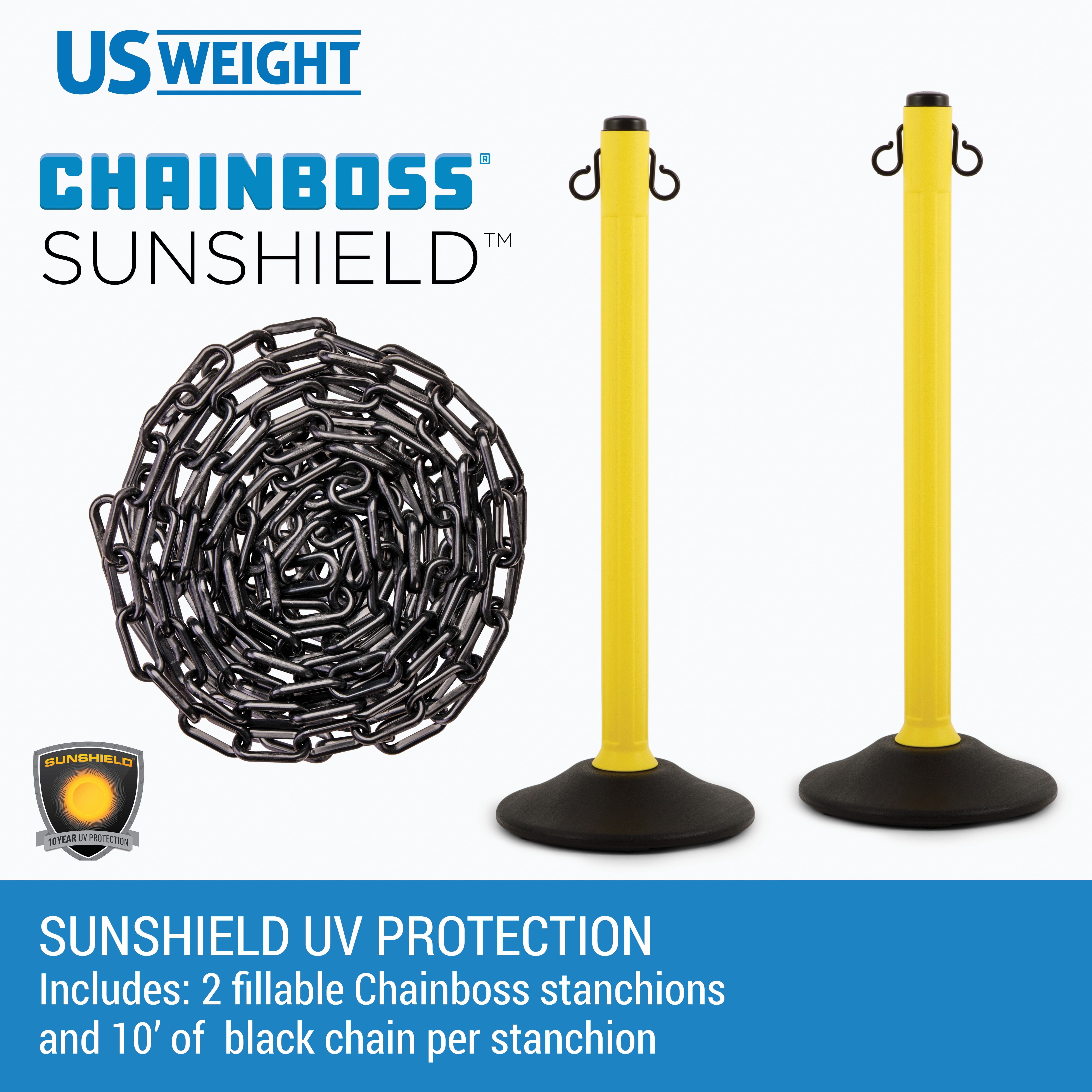 ChainBoss Heavy Duty Fillable Yellow Plastic Stanchions Crowd Control Barriers With 10' of Black Plastic Chain Kit (6-Pack)