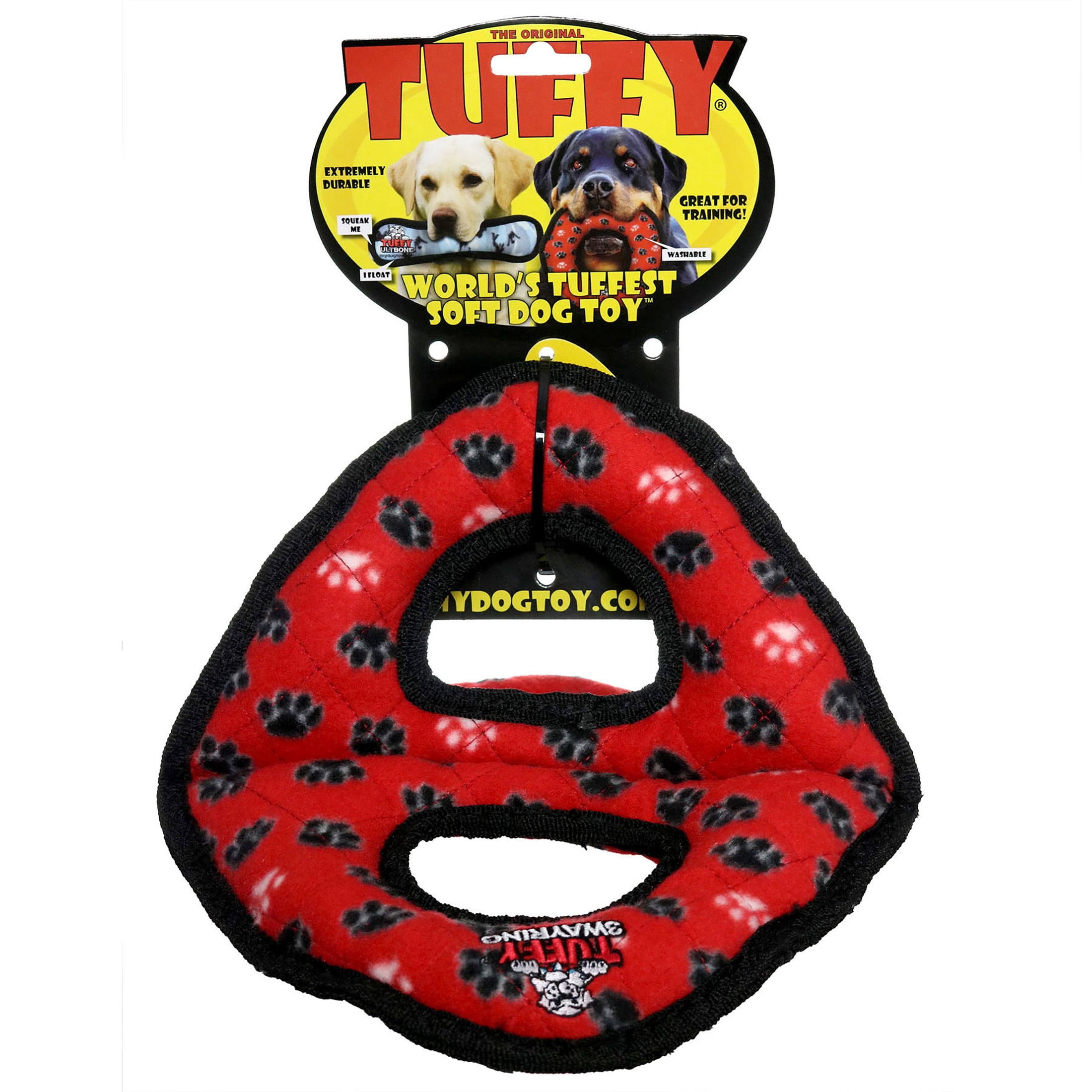 Tuffy Ultimate 3WayRing Red Paw Durable Squeaky Plush Dog Toy
