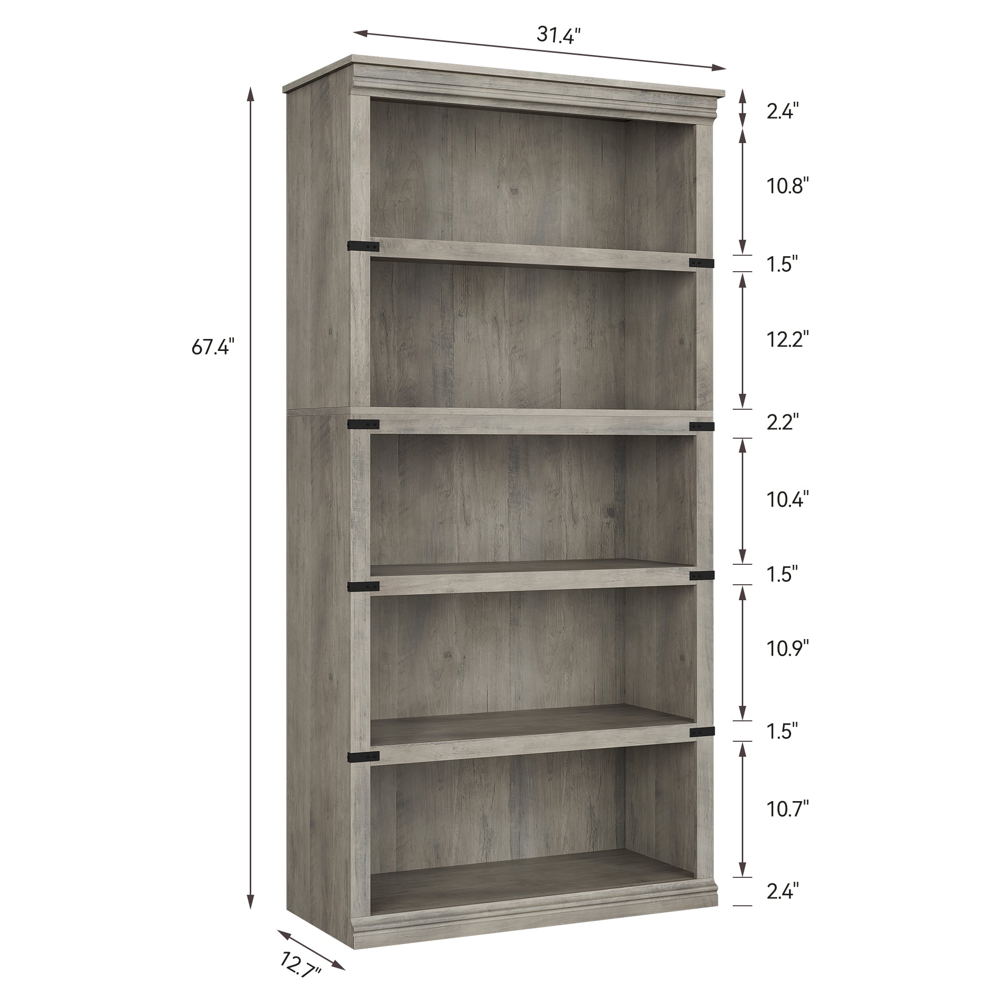 Outop 5 Tier Wood 67.4 in x 31.4 in x 12.7 in Gray Farmhouse Open Display Bookshelf
