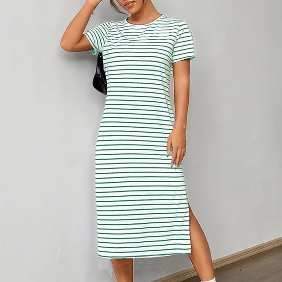 Neewe Women's Summer Midi Dress Loose Short Sleeve Crewneck Striped Dress Basic Office T Shirt Dresses with Pockets