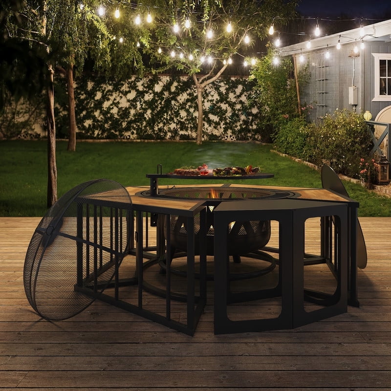 GAZEBETER 51" Fire Pit,Outdoor Wood Burning Fire Pits with Lids,Fire Poker and Metal Side Table,BBQ Fire Pits for Picnic Party, Natural Wood Grain