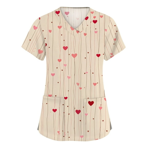 Womens Valentines Scrub Tops Loose V Neck Cute Love Hearts Graphic Scrubs Hoilday Short Sleeve Scrub Shirts Medical Nurse Workwear Nursing Uniform with Pockets Beige 3XL