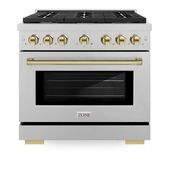 ZLINE Autograph Edition 36 in. 5.2 cu. ft. Paramount Gas Range with 6 Burner Cooktop and Convection Gas Oven in DuraSnow Stainless Steel and Polished Gold Accents (SGRSZ-36-G)