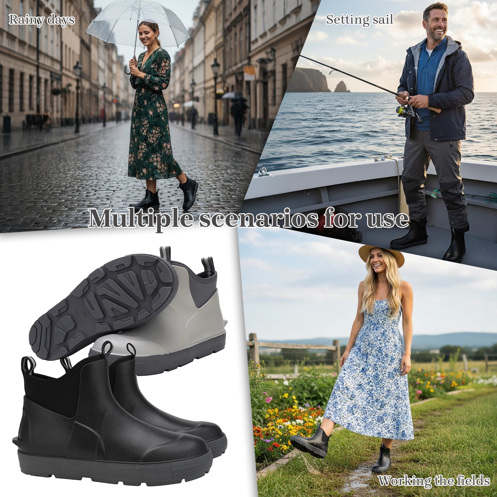 YUCHANG Men's Rain Boots,Deck Boots for Men,Outdoor Rubber Fishing Garden Waterproof Ankle Rain Boots with High Traction(Black,11)