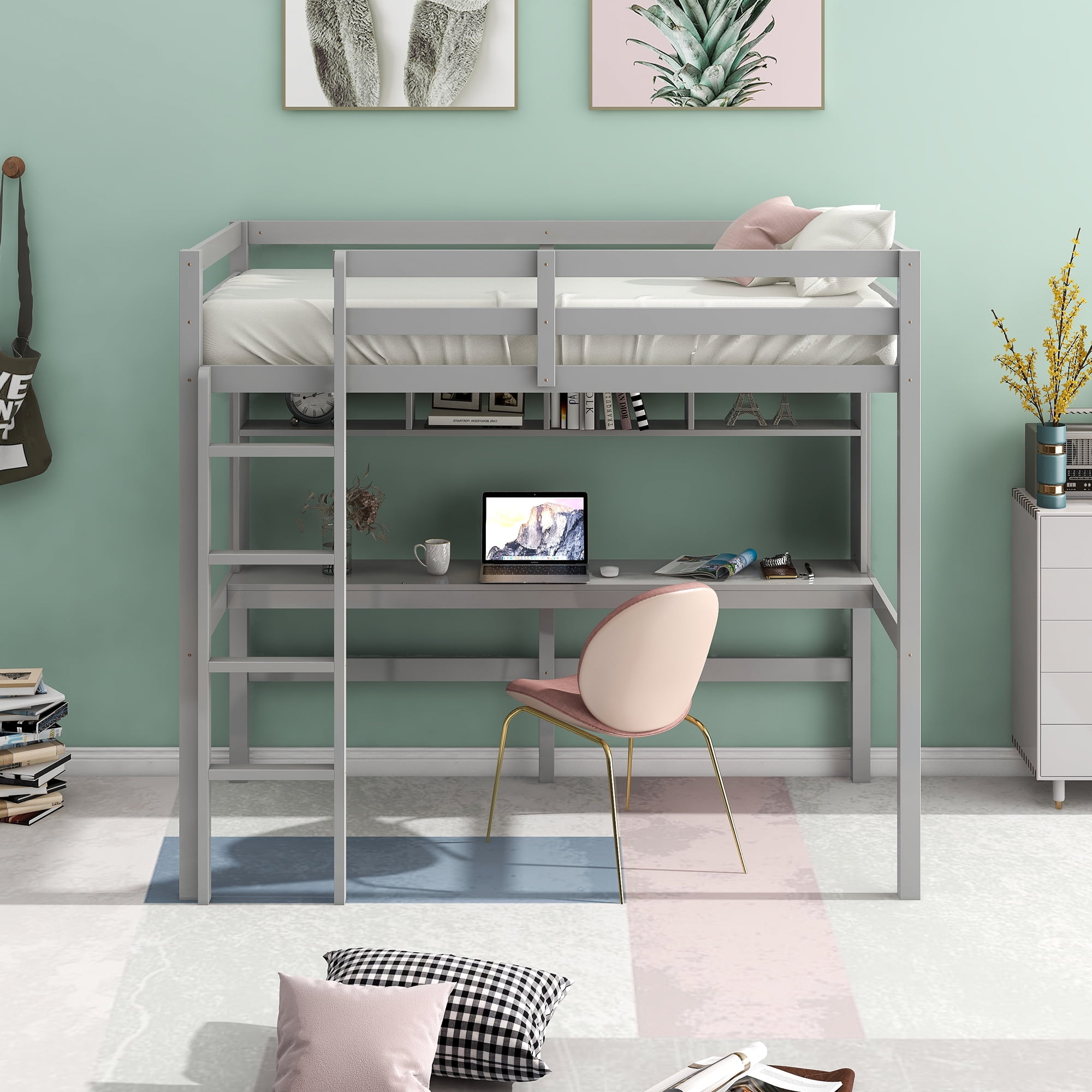 Aukfa Twin Loft Bed with Desk and 4 Shelves, Wood Bed Frame for Kids Teens and Dorm - Gray