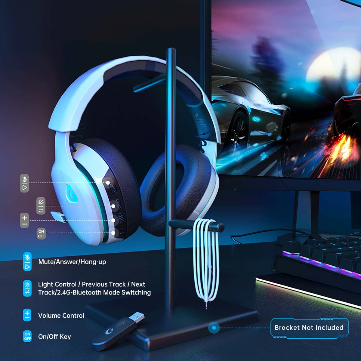 Ecomoment Wireless Gaming Headset for PS5, PC,Switch,Mac with Bluetooth 5.3, 2.4GHz USB Gaming Headphones with Mic, 3.5mm Wired Mode for Xbox Series, White