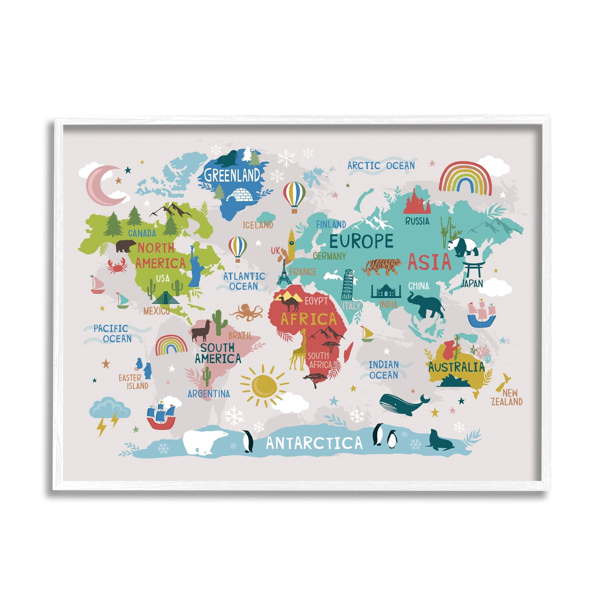 Stupell Industries Native Animals World Map Educational Wildlife Atlas Graphic Art White Framed Art Print Wall Art, Design by Lisa Whitebutton