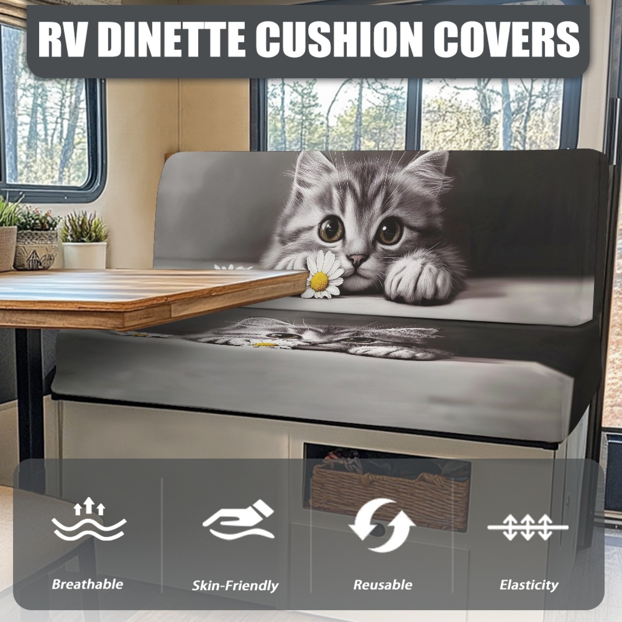 FOR U DESIGNS Cat Daisy Print 2 Pcs RV Dinette Cushion Covers Waterproof Camper Cushion Slipcover Stretch Sofa Furniture Protector Include1 Backrest Covers and 1 Bench Covers