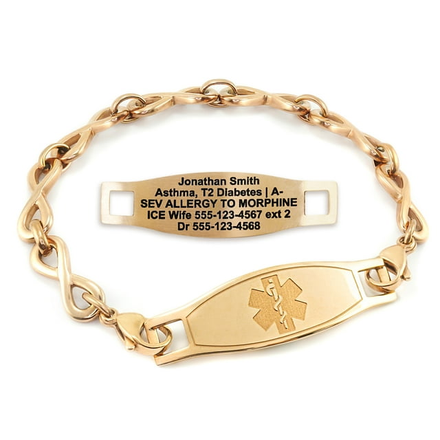 MedicEngraved Bracelet d'Alerte Médicale Personnalisé en Acier Inoxydable Or Rose - Maillon Infini 6 mm