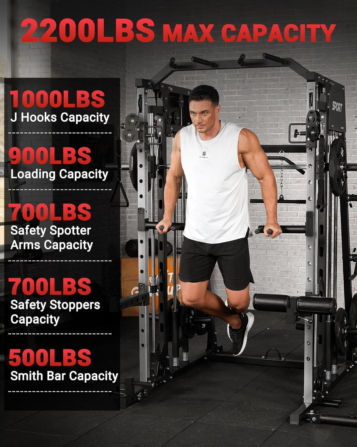 JoanKaren Pro Smith Machine Home Gym,2200 lbs Squat Rack Power Cage Workout Equipmen with Cable Crossover for Full Body Strength Training,Black
