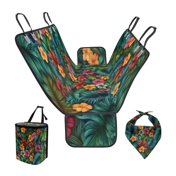 Pzuqiu Tropical Hibiscus Flowers Dog Car Seat Cover for Back Seat Waterproof Dog Hammock Nonslip Pet Backseat Cushion Cover with Dogs Bandanas Car Garbage