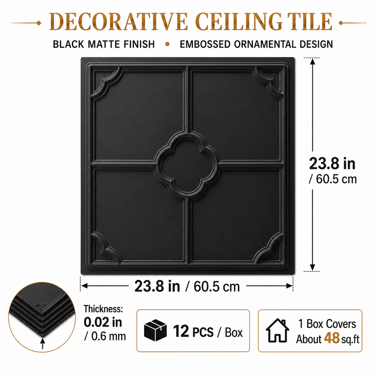 Yeslife 12-Pack Decorative Ceiling Tiles, 2 x 2 ft Black Embossed Panels, Waterproof Lightweight Drop-in Glue-up for Living Room Kitchen Bathroom, 48 sq ft