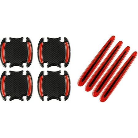 8pcs Light-Emitting car Door Handle Protector Sticker Door Anti-Collision Strip Paint Scratch Carbon Fiber Decal Reflective Door Sticker(Red)