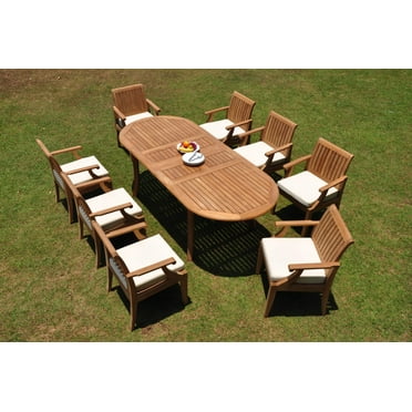 Grade-A Teak Dining Set: 8 Seater 9 Pc: 94" Double Extension Oval Table And 8 Lagos Arm Chairs Outdoor Patio WholesaleTeak #WMLGe