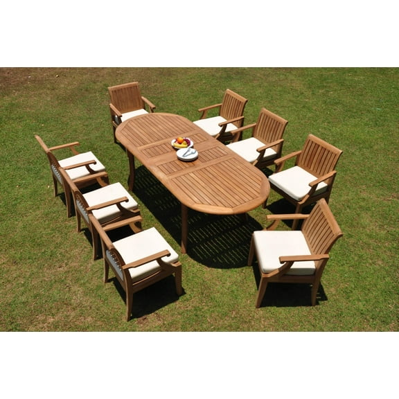 Grade-A Teak Dining Set: 8 Seater 9 Pc: 94" Double Extension Oval Table And 8 Lagos Arm Chairs Outdoor Patio WholesaleTeak #WMLGe