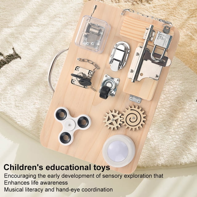 Tablero ocupado de madera Tablero de actividades 4 colores luz desbloquear puerta pestillo juguete para niño niño (A3)