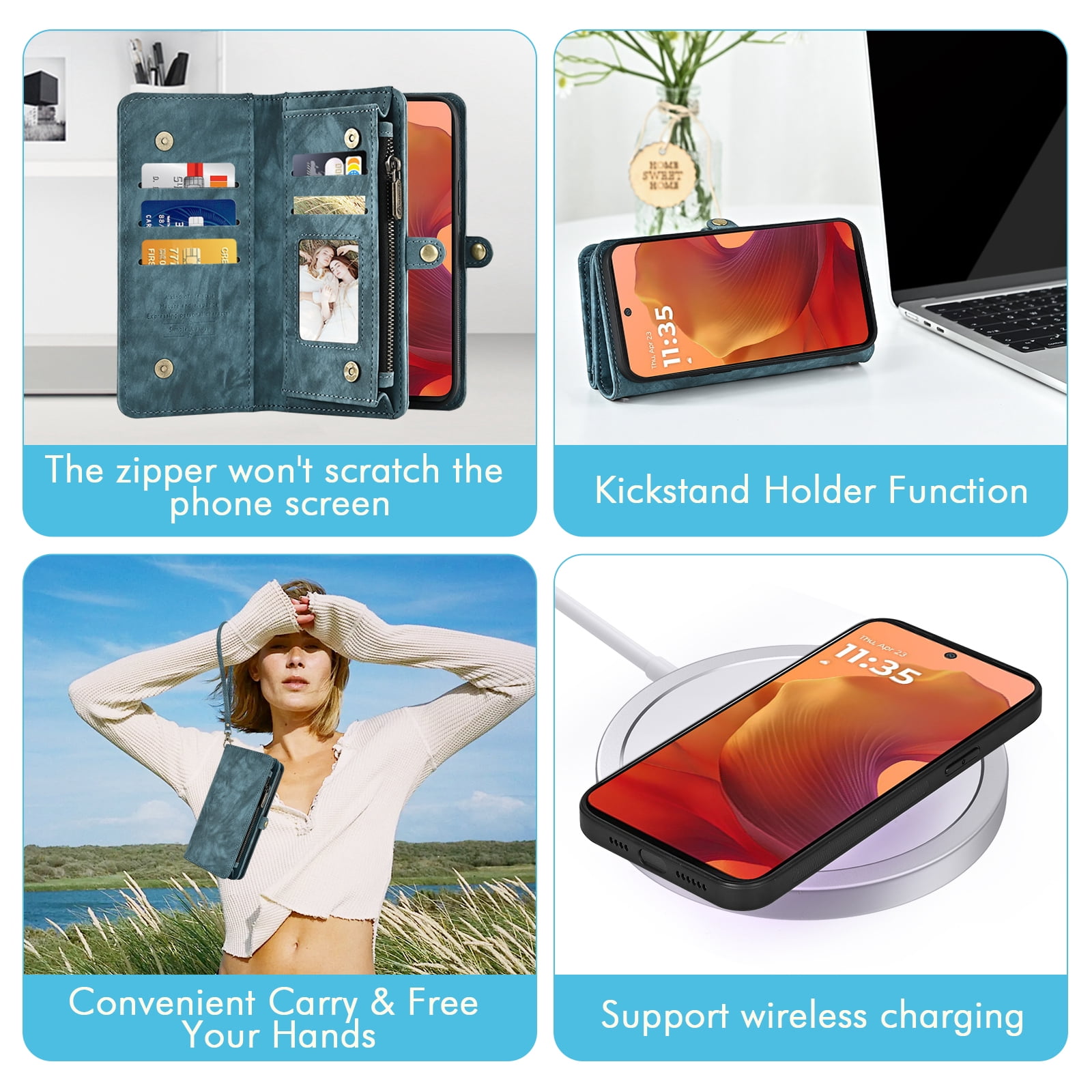 Asuwish Phone Case for Motorola Moto G15 4G Lte Zipper Wallet Detachable Cell Cover with Tempered Glass Screen Protector Crossbody Lanyard Strap Flip Card Holder Slot MotoG15 G 15 XT2521-2 Women Blue