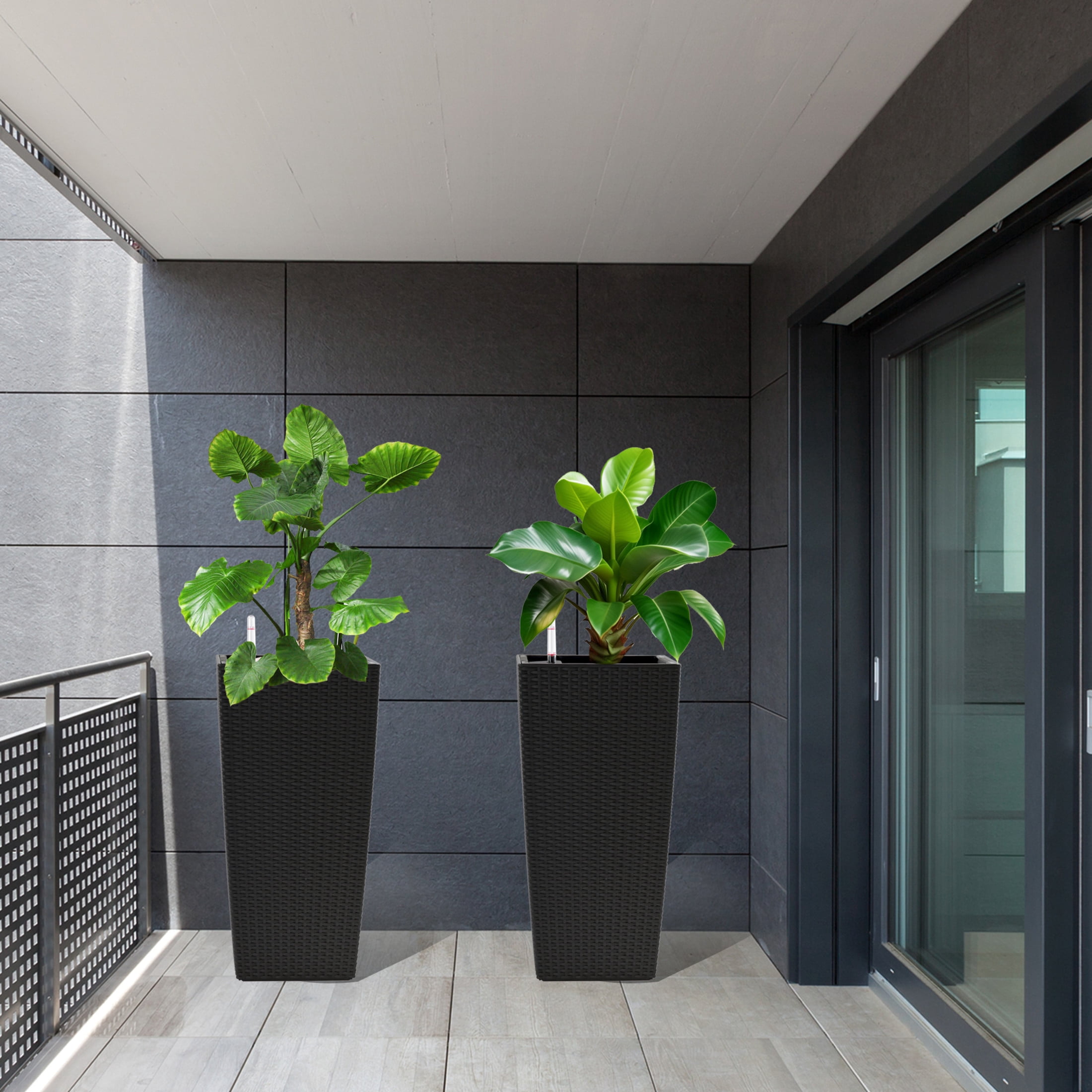 Noble House 2 Pack 22.61" Tall Square Self-Watering Planters, Faux Rattan Indoor Outdoor Flower Pots, Black