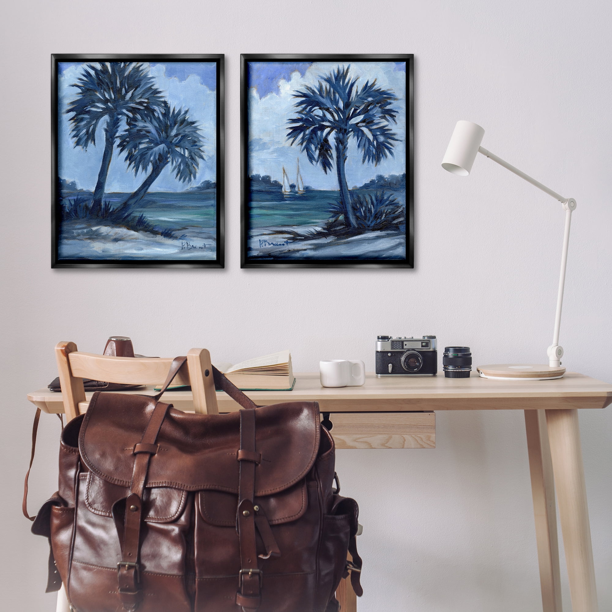 Stupell Industries Impressions of Indigo Palms Nautical & Beach Painting Black Floater Framed Canvas Art Print Wall Art, 31 x 25, Set of 2