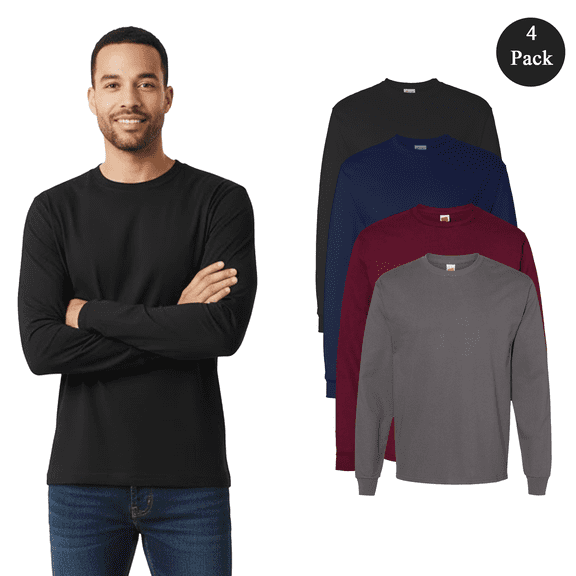 Hanes Essential-T Men's Long Sleeve T-Shirt, Durable Crewneck Mix Color Blank Tee, 4-Pack, S