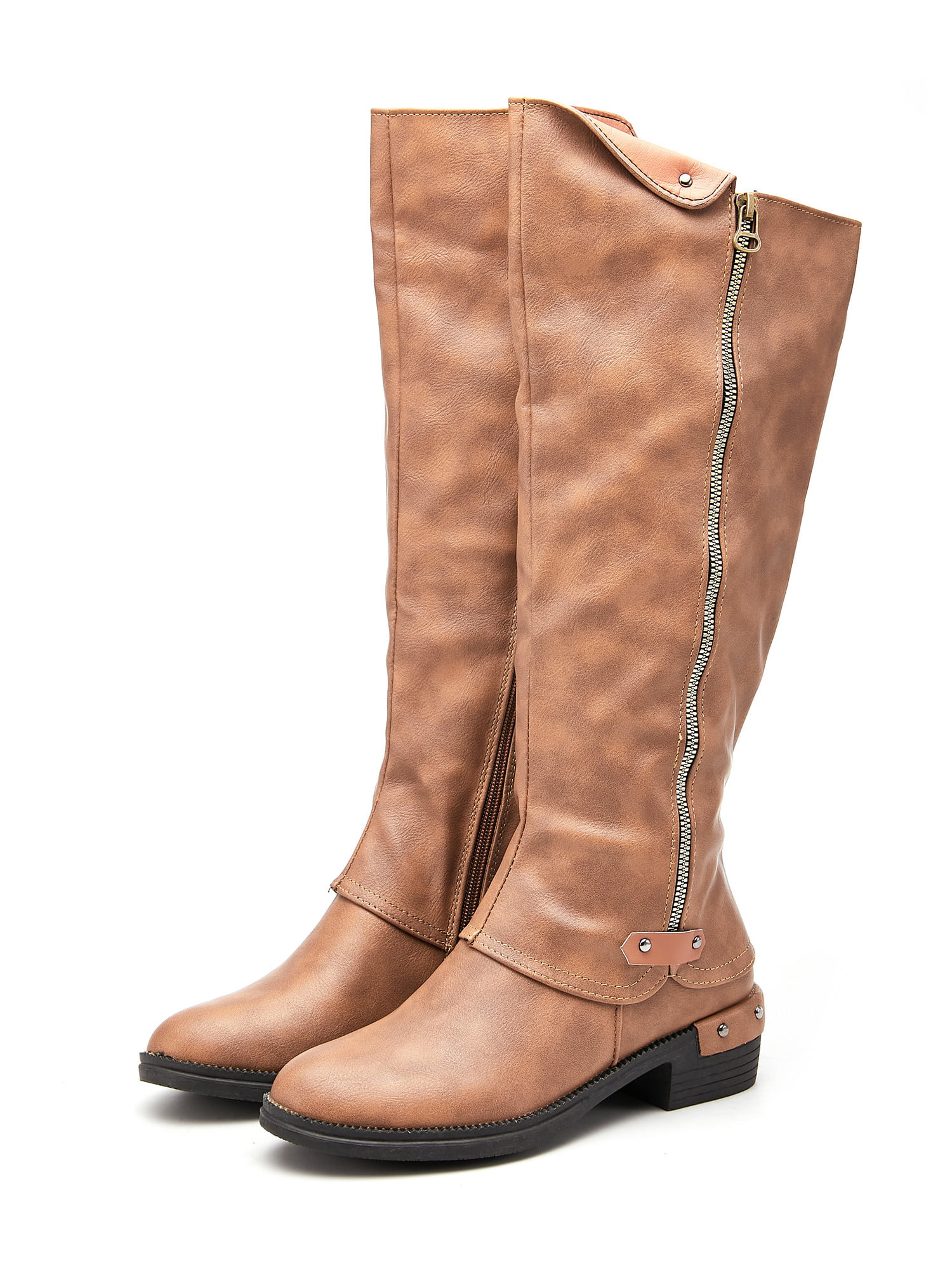 Women's Zipper Boots Low Flat Heel Riding Mid-Calf Boot Comfort Shoes Fashion 