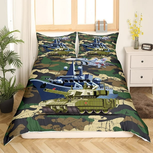 Camouflage Duvet Cover Camo Warship Tank Helicopter Teen Bedding