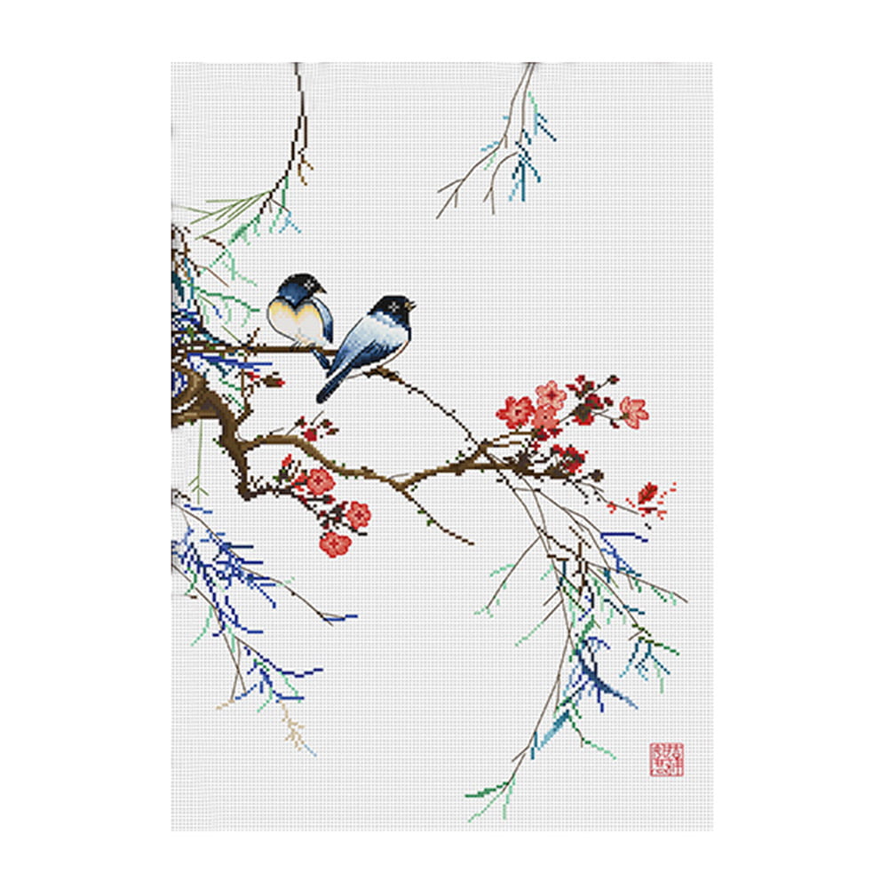 Birds in a Tree Silhouette DIGITAL Counted Cross-Stitch Pattern Needlepoint 
