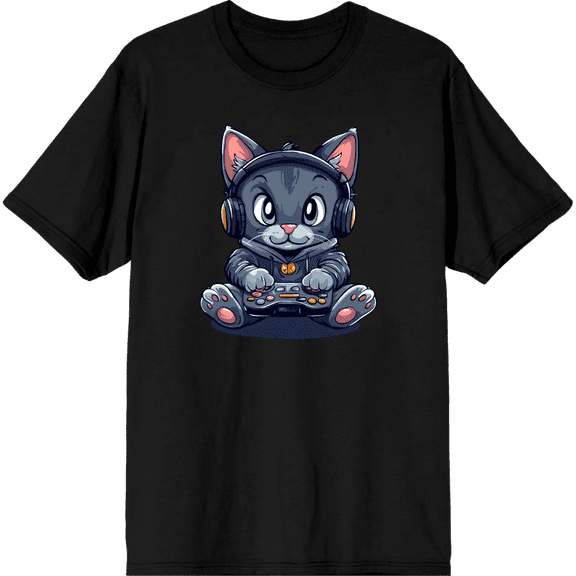 Focused Gamer Cat Adult Blue Crew Neck Short Sleeve Tee-XS