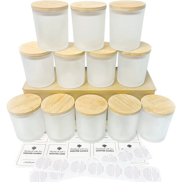 CONNOO 12Pack 10 oz Frosted Glass Candle Jars with Bamboo Lids for Making Candles Empty Candle Tins with Wooden Lids, Bulk Clean Candle Containers - Dishwasher Safe