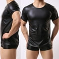 thumbnail image 6 of Men Wet Look Faux Leather Round Neck Short Sleeve Top T-Shirt Tights Shirts Club, 6 of 6