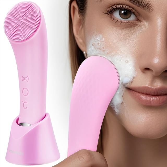 Cepillo limpiador facial PRITECH recargable de silicona rosa