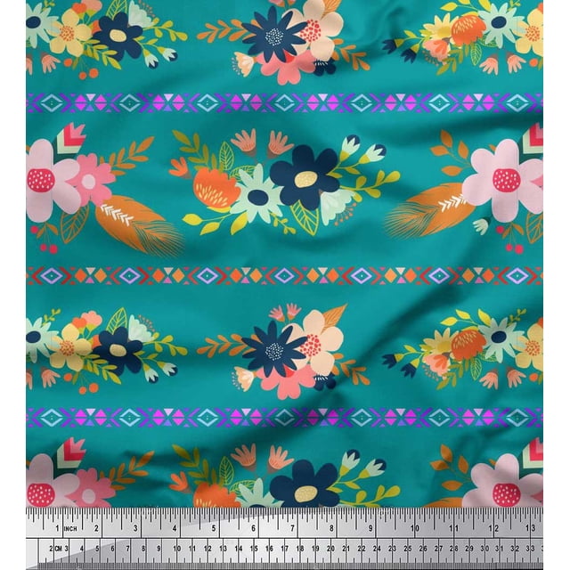 Soimoi Polyester Crepe Fabric Leaves & Floral Artistic Decor Fabric Printed Yard 52 Inch Wide
