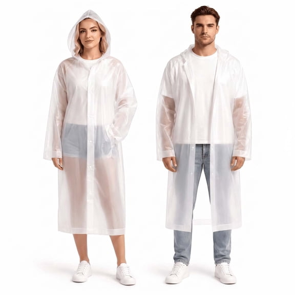 2 Pack Reusable EVA Rain Ponchos for Adults, Waterproof Hooded Raincoats with Elastic Sleeves, White