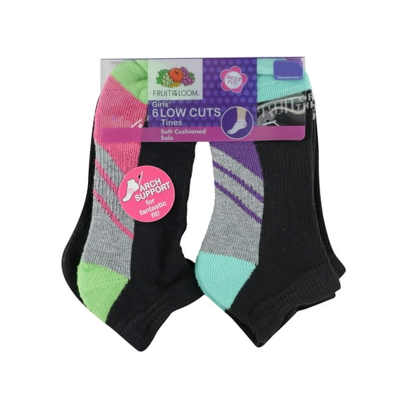 Fruit of the Loom Girls' Everyday Active Cushioned Low Cut Socks with Arch Support, 6 Pairs