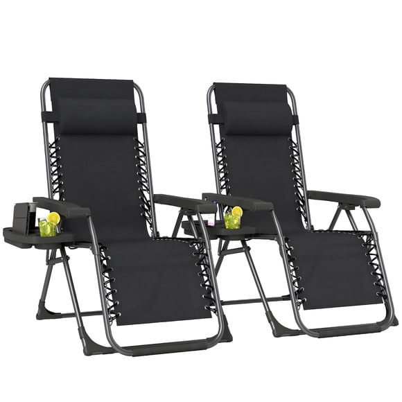 Outsunny Zero Gravity Chair Set of 2 with Cup Holder, Headrest, Black