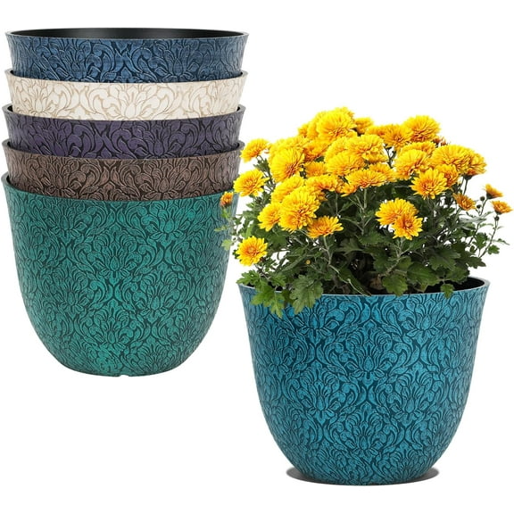 Garden Plastic Round 8" Plant Pots for Indoor Plants - Set of 6 Multicolor Small Flower Pots W/Drainage Hole and Rubber Plug - Home Christmas Decorative planters Retro Floral Pattern