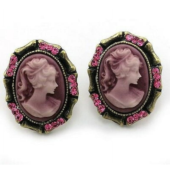 Light Pink Cameo Stud Post Pierced Earrings Antique Vintage Style Bronze Tone g2