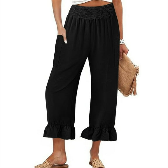 Lodgix Wide Leg Linen Pants for Women High Waisted Ruffle Hem Palazzo Pants Boho Summer Casual Loose Flowy Pant Trousers Black M