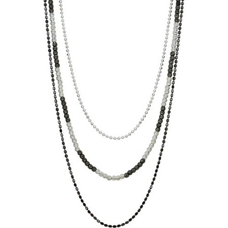 Sterling Silver and Black Rhodium Plated Graduated Triple Strand Necklace, 18
