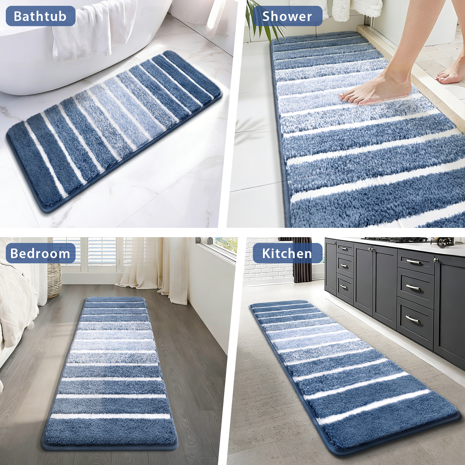 Findosom Bathroom Rugs Set of 3,Absorbent Non-Slip Machine Washable Bath Rugs, Microfiber Quick Dry Bath Mats for Bathroom Floor Tub Shower Bedroom Kitchen,18"x26"+18"x48"+U Shape 20"x24" Blue